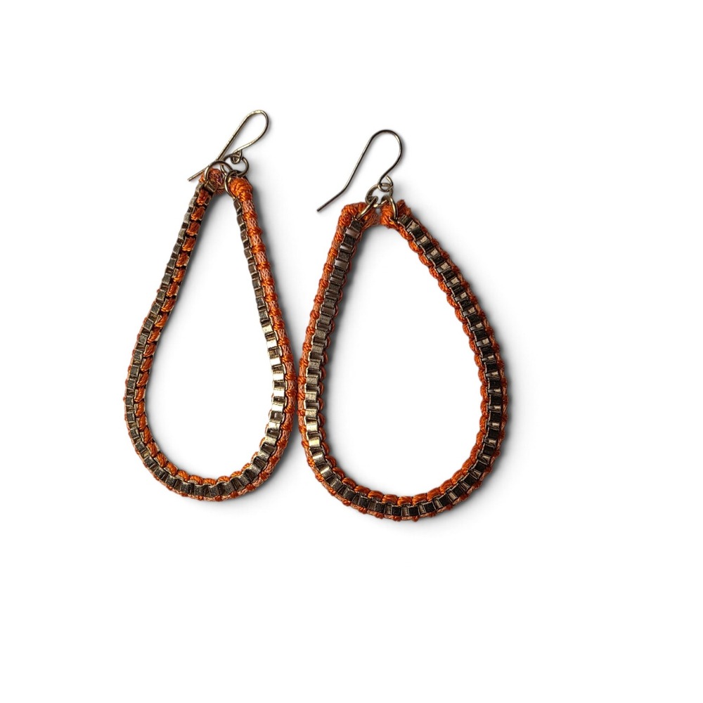 Vintage Boho Handcrafted Orange Woven Teardrop Earrings Metallic Bead Indie